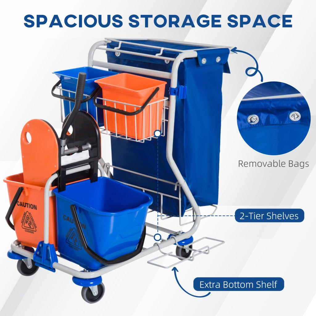 Carrello per la pulizia con 4 secchi, carrello per mocio, carrello modulare con ruote, blu/arancione, 100 x 70 x 103 cm |