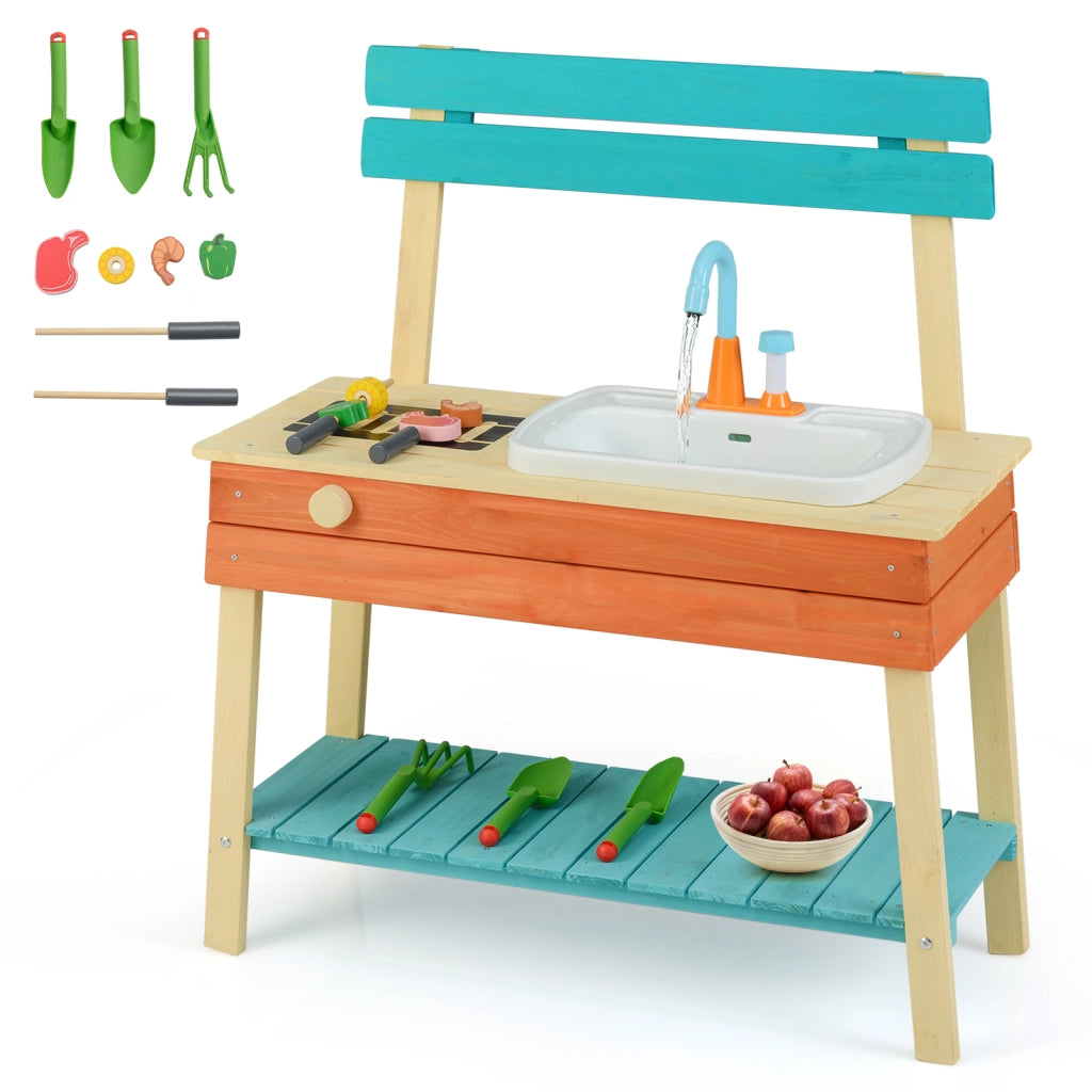 Cucina da gioco legno bambini cibo spiedini griglia manopola rotante rubinetto-Set cucina legno accessori giardinaggio per bambini 3-8 anni