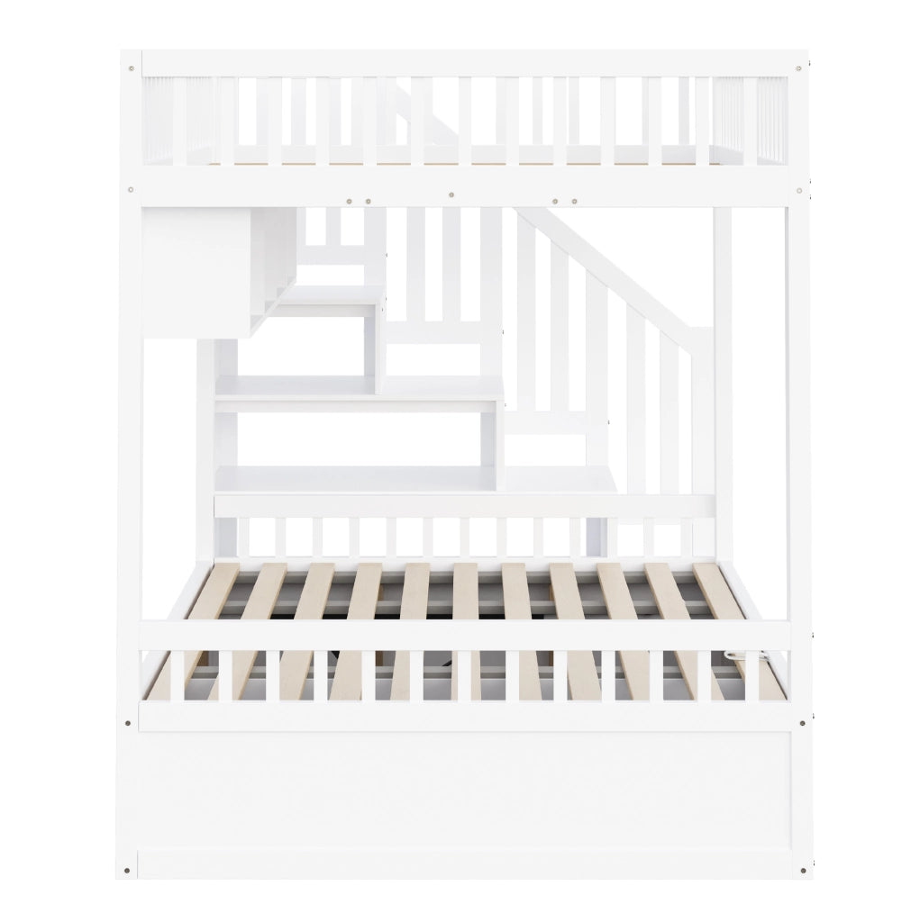 Letto a castello 140x200 cm in legno bianco con contenitore idraulico; ripiani e scala