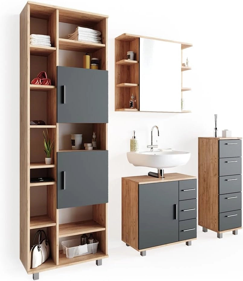 Set mobili bagno Ilias, Rovere, 60 cm, composto da mobile lavabo, pensile a specchio, colonna e base media