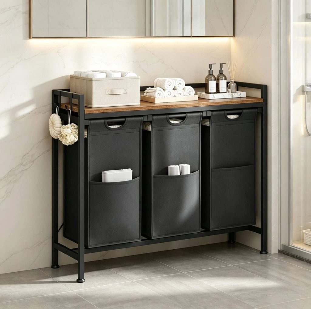 Portabiancheria a 3 scomparti con ripiano e 2 ganci; 96 x 30 x 71 cm; nero e marrone rustico