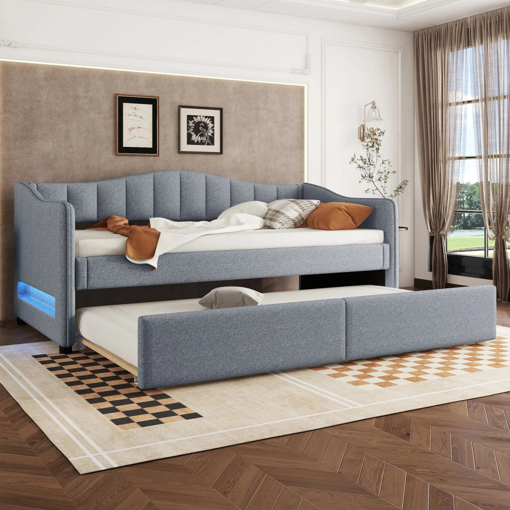 OKWISH Letto a Divano 90×200 cm, Letto Singolo con Letto Estraibile, LED Regolabile, senza Materasso, in Lino e MDF, Grigio
