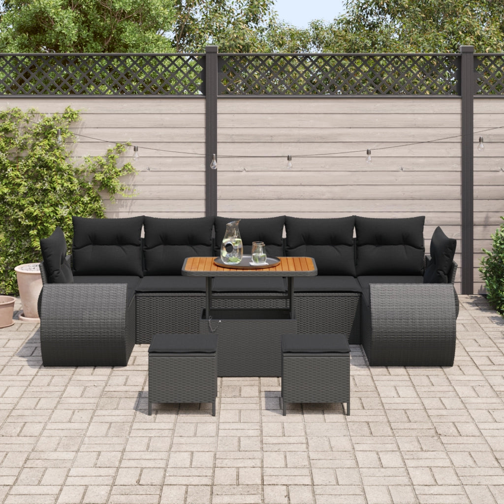 Set Divano da Giardino  con Cuscini Neri in Polyrattan Acacia