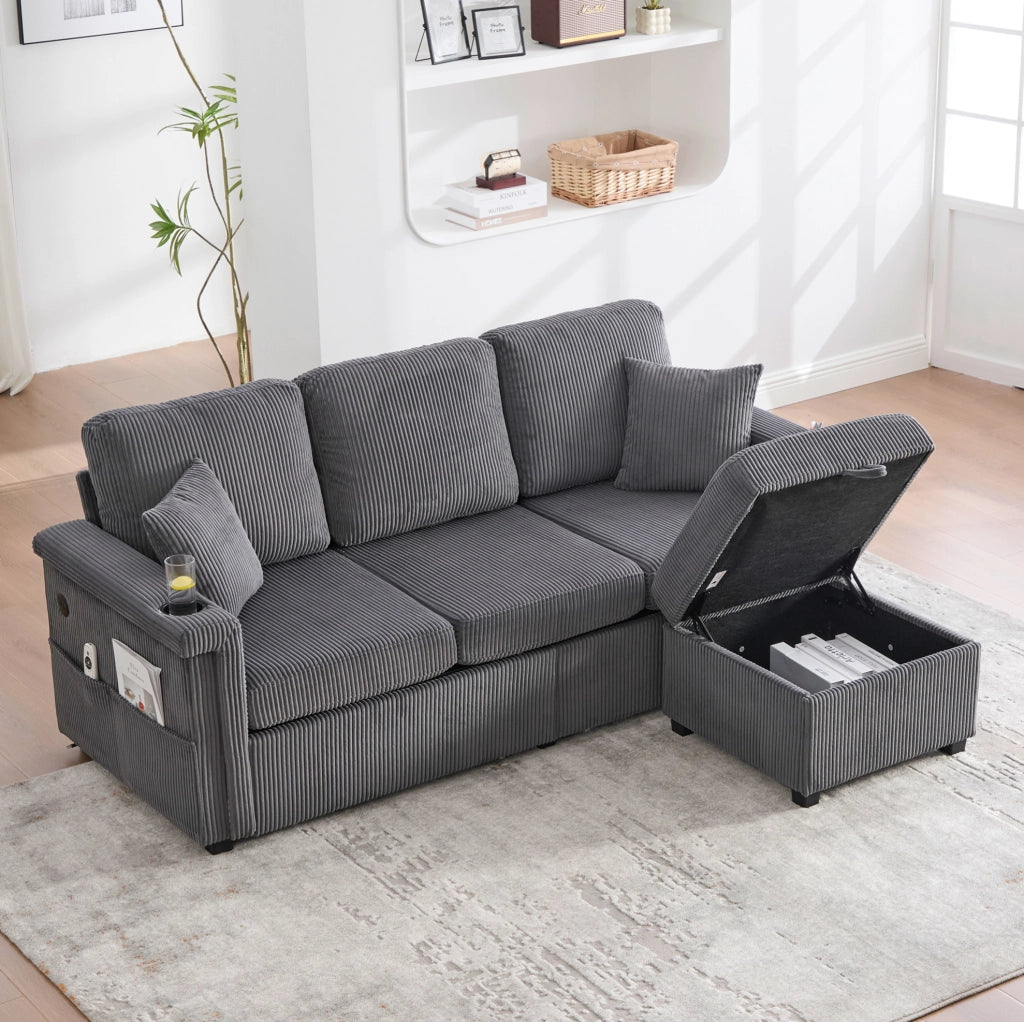 Divano modulare con contenitore 194x73x81 cm in tessuto effetto velluto a coste; grigio scuro