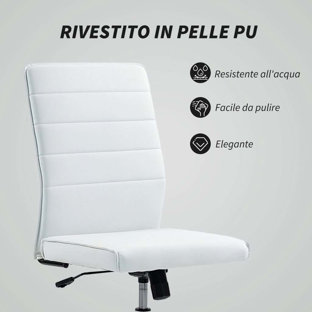 Sedia da Ufficio Ergonomica e Regolabile con Schienale Ricurvo, in Pelle PU e Acciaio, 58x53x97-107 cm, Bianco
