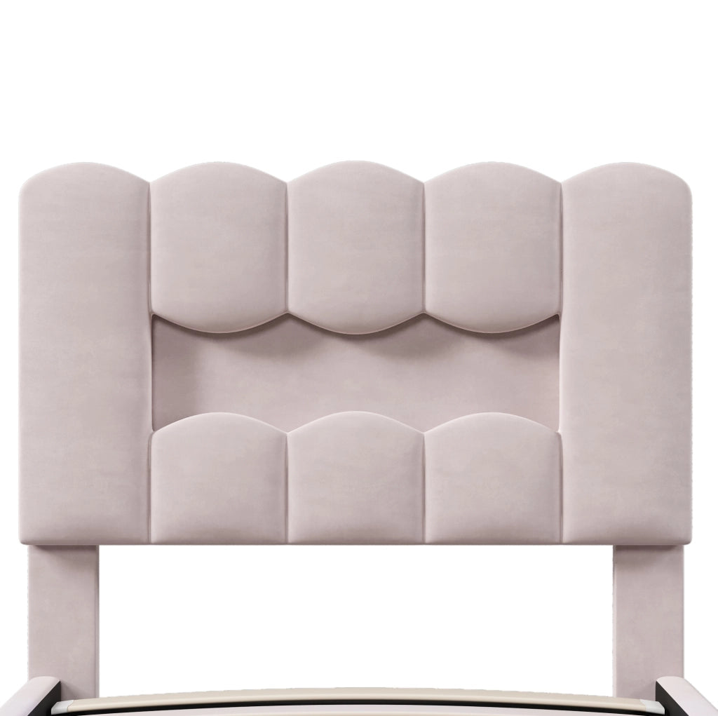 Letto imbottito 90x200 cm in velluto rosa con contenitore; LED multicolore e testiera regolabile