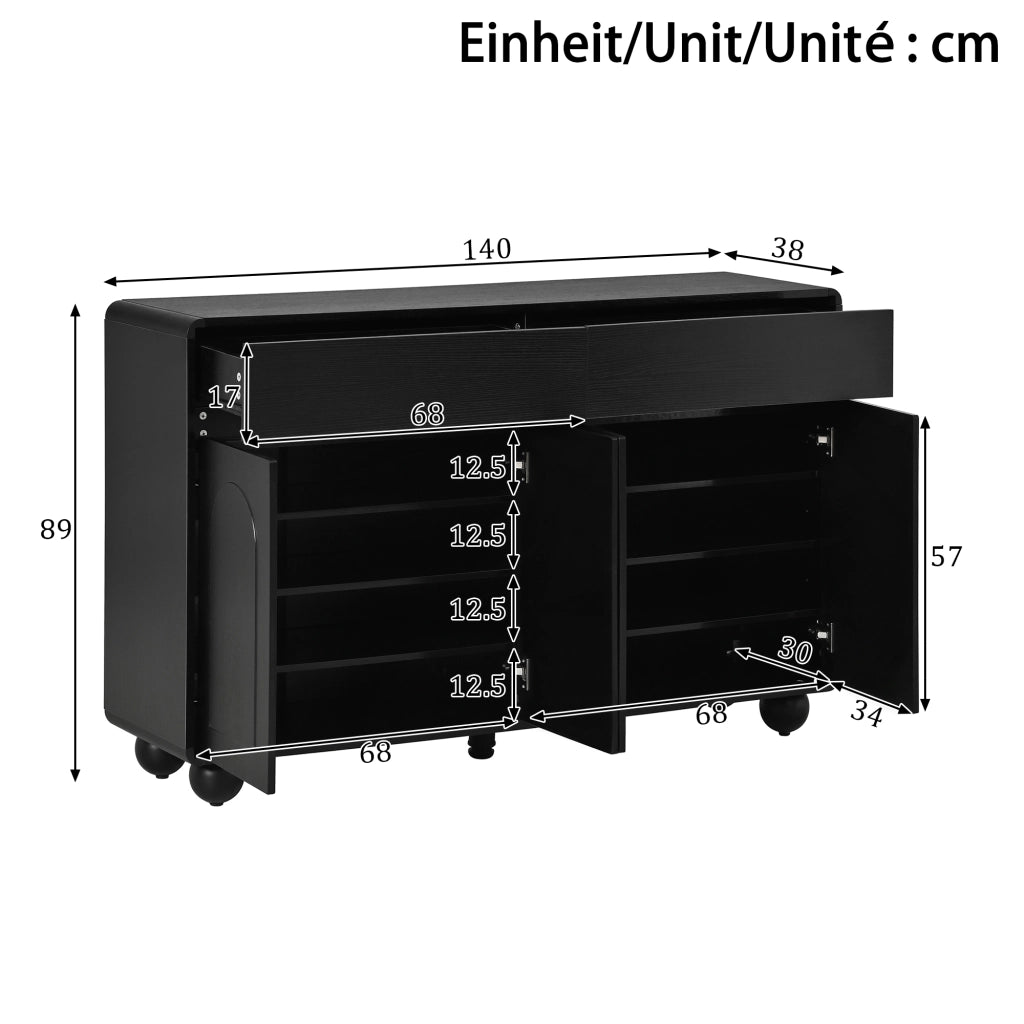 CREDENZA con 2 cassetti e 4 ante 140x38x89 cm Nero in MDF