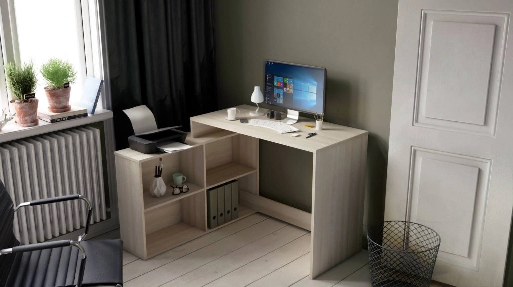 Scrivania Kyarr, Scrittoio multiuso, Tavolo per ufficio porta PC, Piano di lavoro, 112x101 h77 cm, Rovere e Bianco