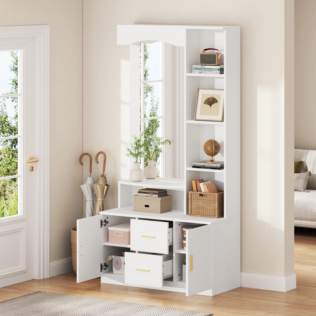 Mobile ingresso multifunzione 90x40x180 cm con specchio; 2 armadi e 2 cassetti; bianco
