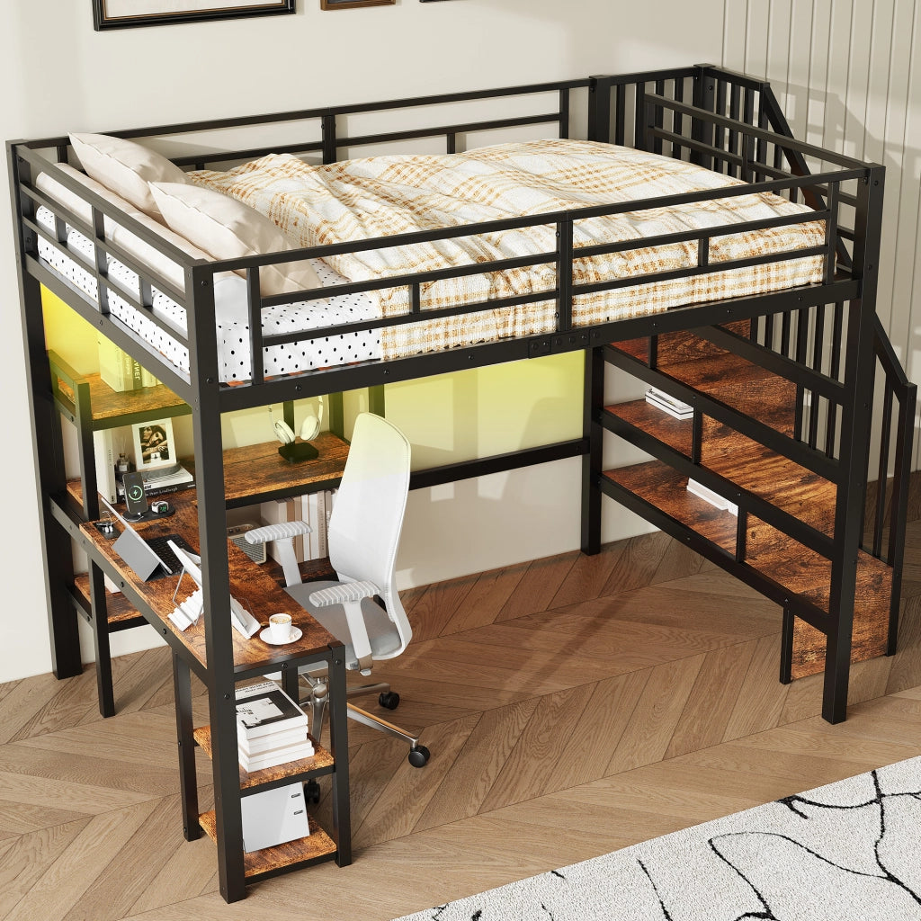 Letto a castello in metallo - Zephmum- 140x200- Nero- Scrivania integrata, USB, LED