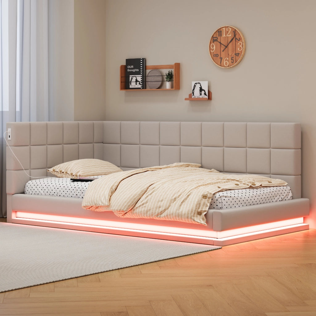 DESMIU Divano letto 90 × 200 cm 1 piazza con LED, USB e rete, senza materasso, in lino, beige