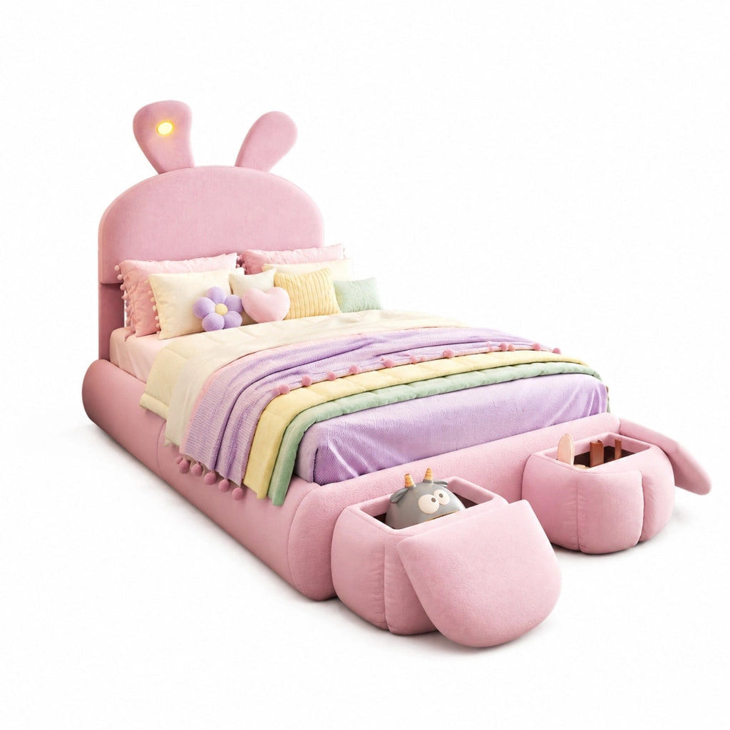 Letto imbottito singolo con orecchie da coniglio, luci LED regolabili e 2 pouf contenitore