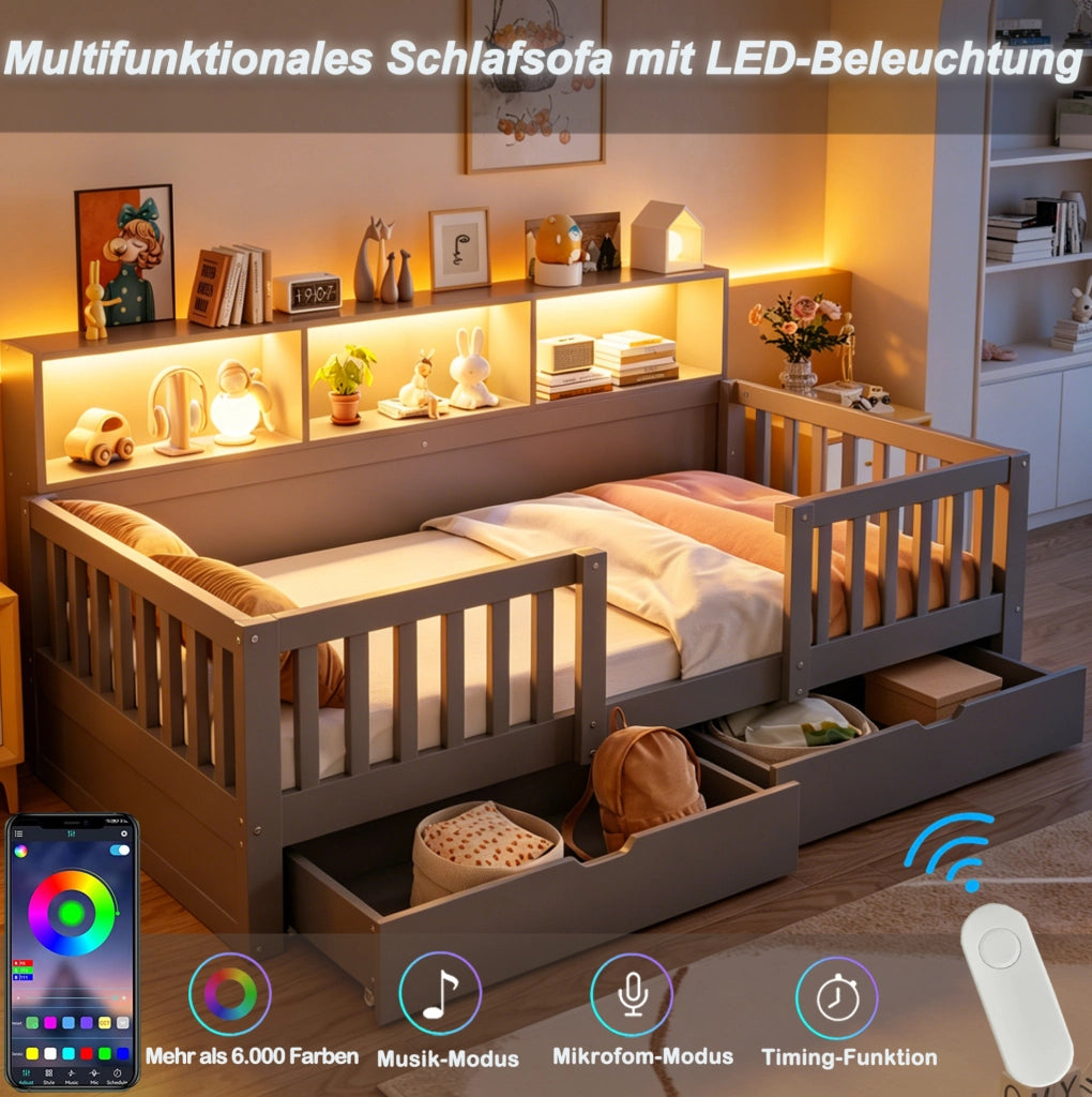 Letto per bambini 90x200 cm con sponda di sicurezza; 2 cassetti; mensole e LED; grigio