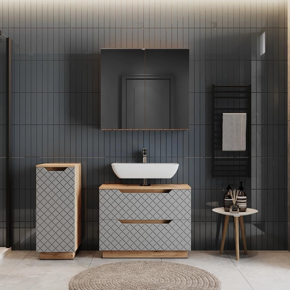 Set di mobili da bagno Lotta, Rovere/grigio con struttura in piastrelle, 3 parti