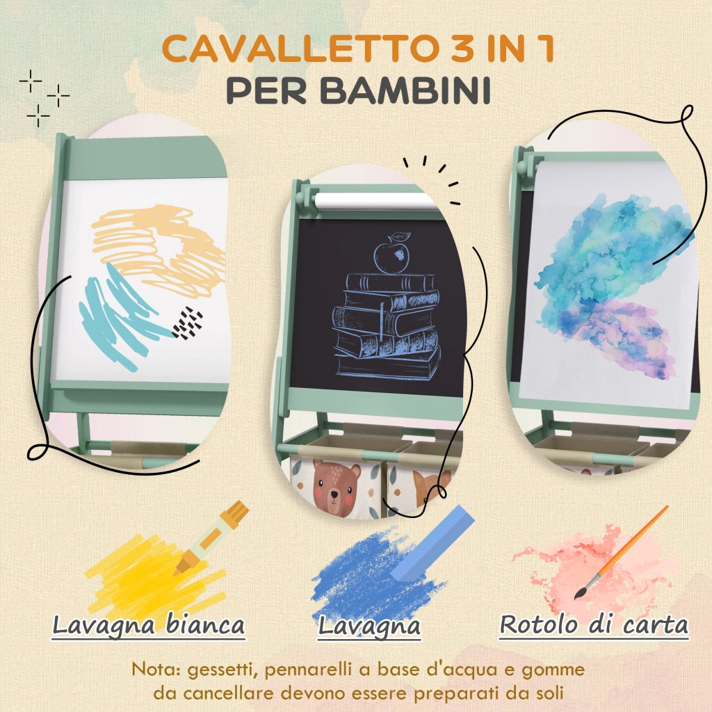 Lavagna per Bambini con Cavalletto 3 in 1 e 2 Contenitori. Et¨¤ 3-8 anni. 54x46.5x93cm. Verde