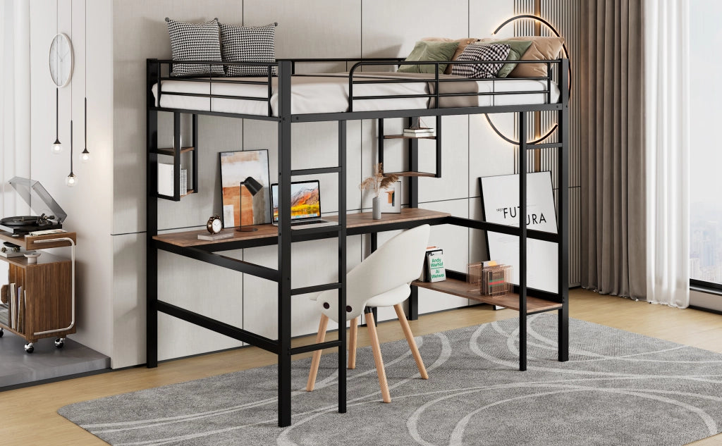DESMIU Letto a soppalco 1 posto con scrivania, 4 ripiani e libreria, 90 × 200 cm, senza materasso, metallo nero