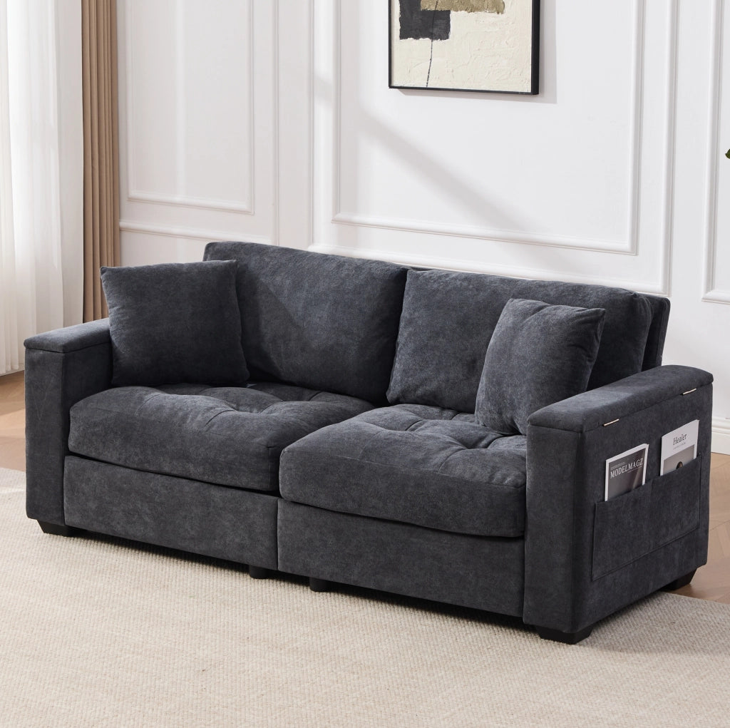 Divano 2 posti in chenille grigio scuro con contenitore nei braccioli HOMVRA