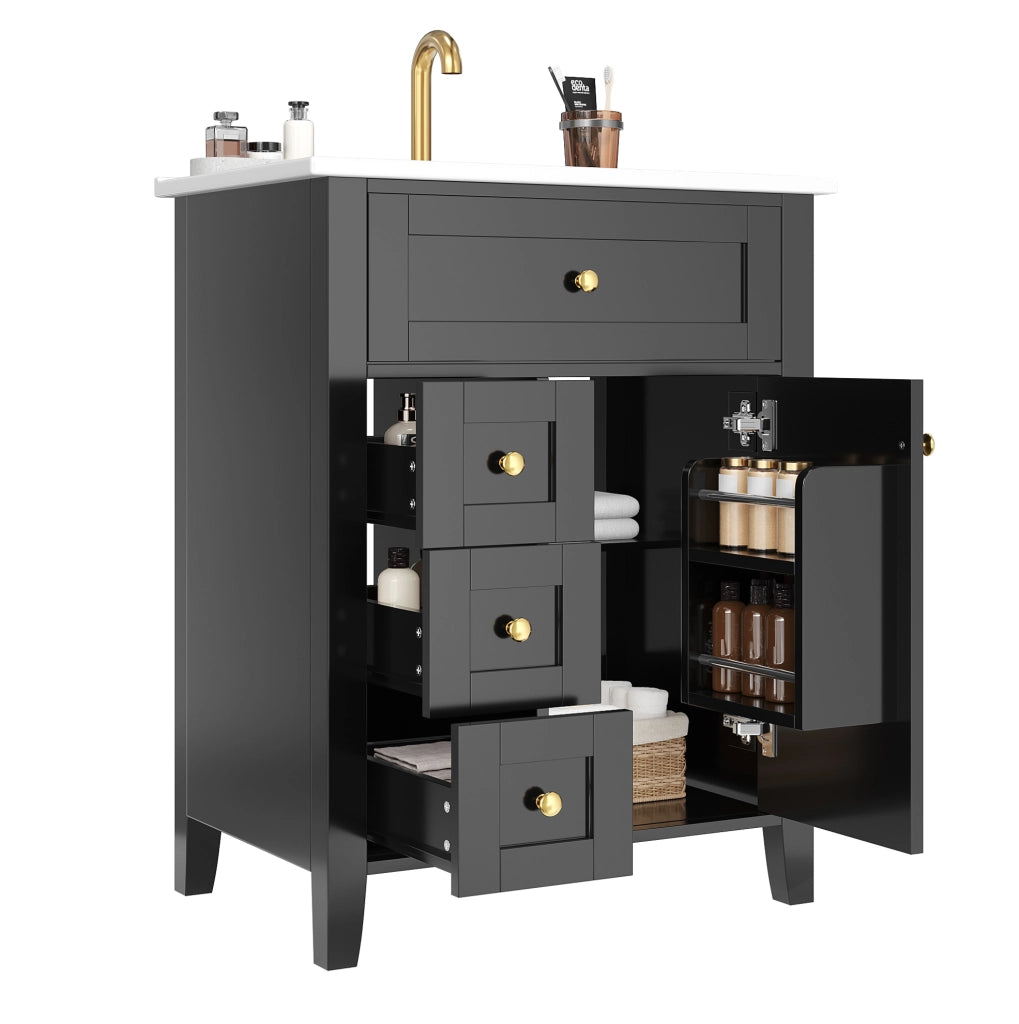 Mobile bagno con lavabo in ceramica 61 cm; 3 cassetti; anta; MDF nero lucido