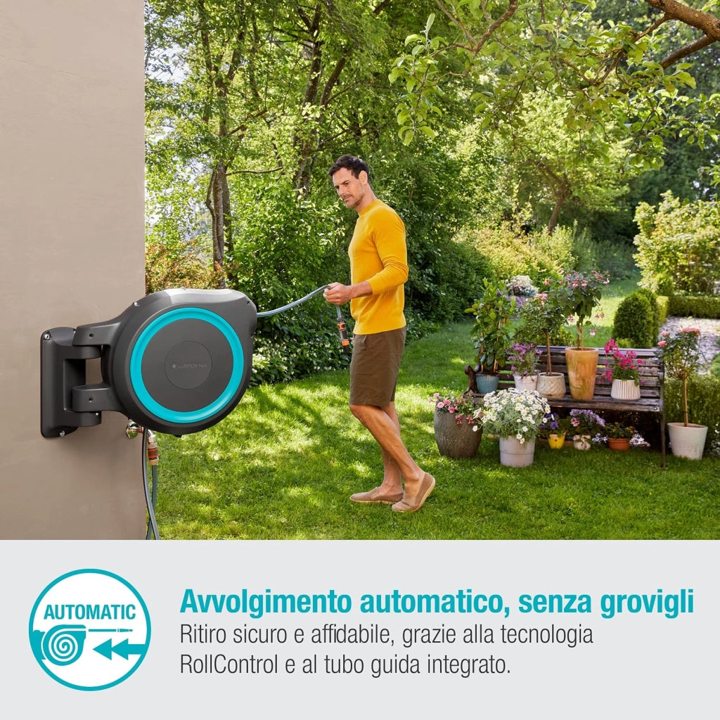 Avvolgitubo da Parete RollUp XL: incluso Tubo da Giardino da 35 m con Lancia e Raccordi, Avvolgimento Automatico, Ruotabile di 180 gradi, per Giardini di Grandi Dimensioni, Azzurro (18630-20)
