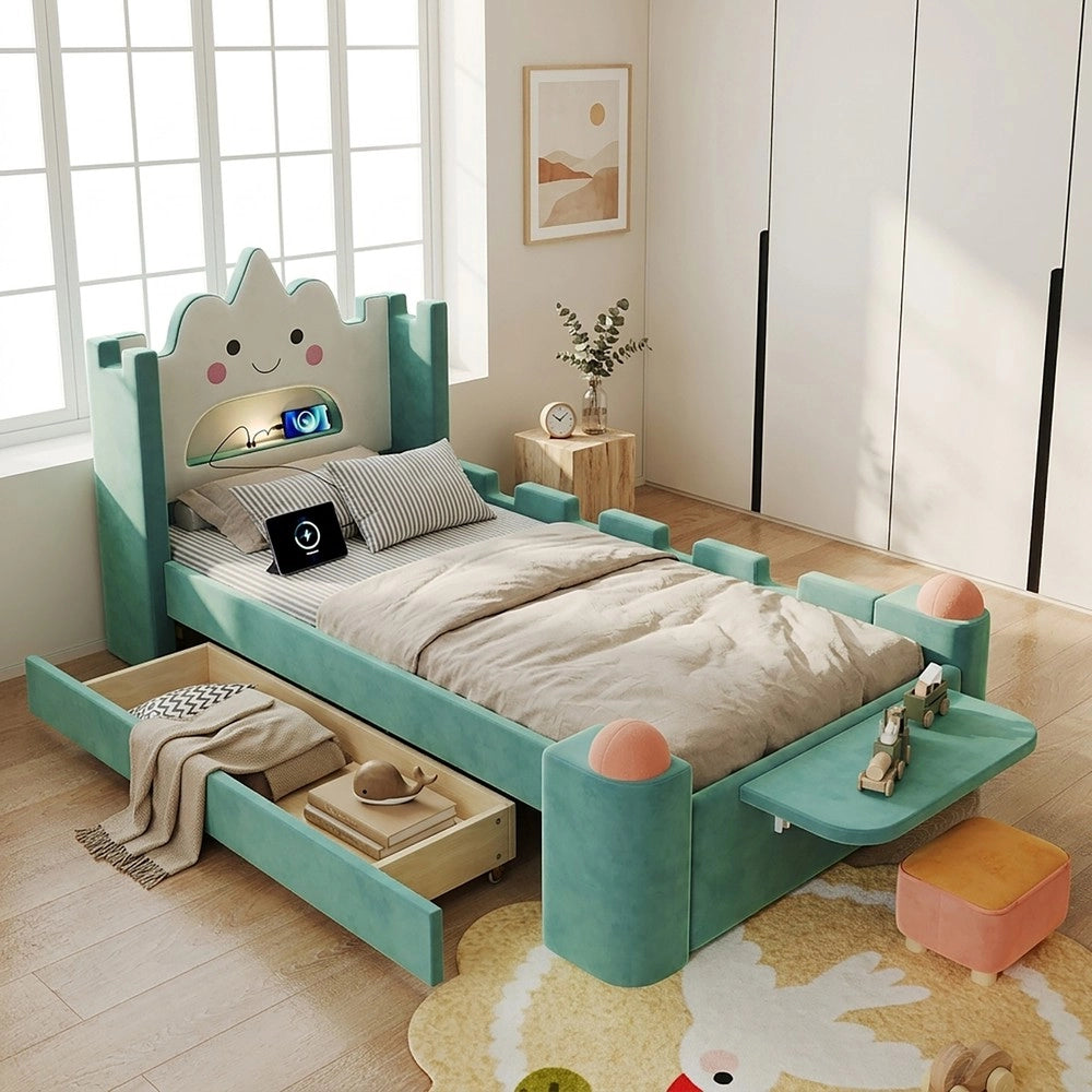 Letto singolo imbottito con LED e cassetti ¨C Minimal ¨C Velluto blu grigio 90x200 cm