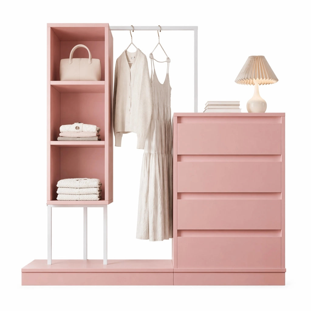 Mobile contenitore con cassetti e ripiani, rosa e bianco, H135 x L100 x P40 cm