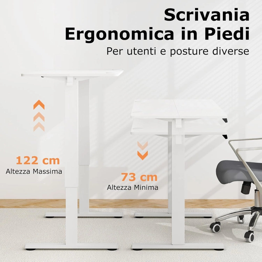 Scrivania Regolabile in Altezza, Scrivania con 3 Impostazioni di Altezza Memorizzabili, 2 Ganci e Gestione dei Cavi, Ideale per Ufficio e Casa, 120 x 60 x 73-122 cm (Bianco)