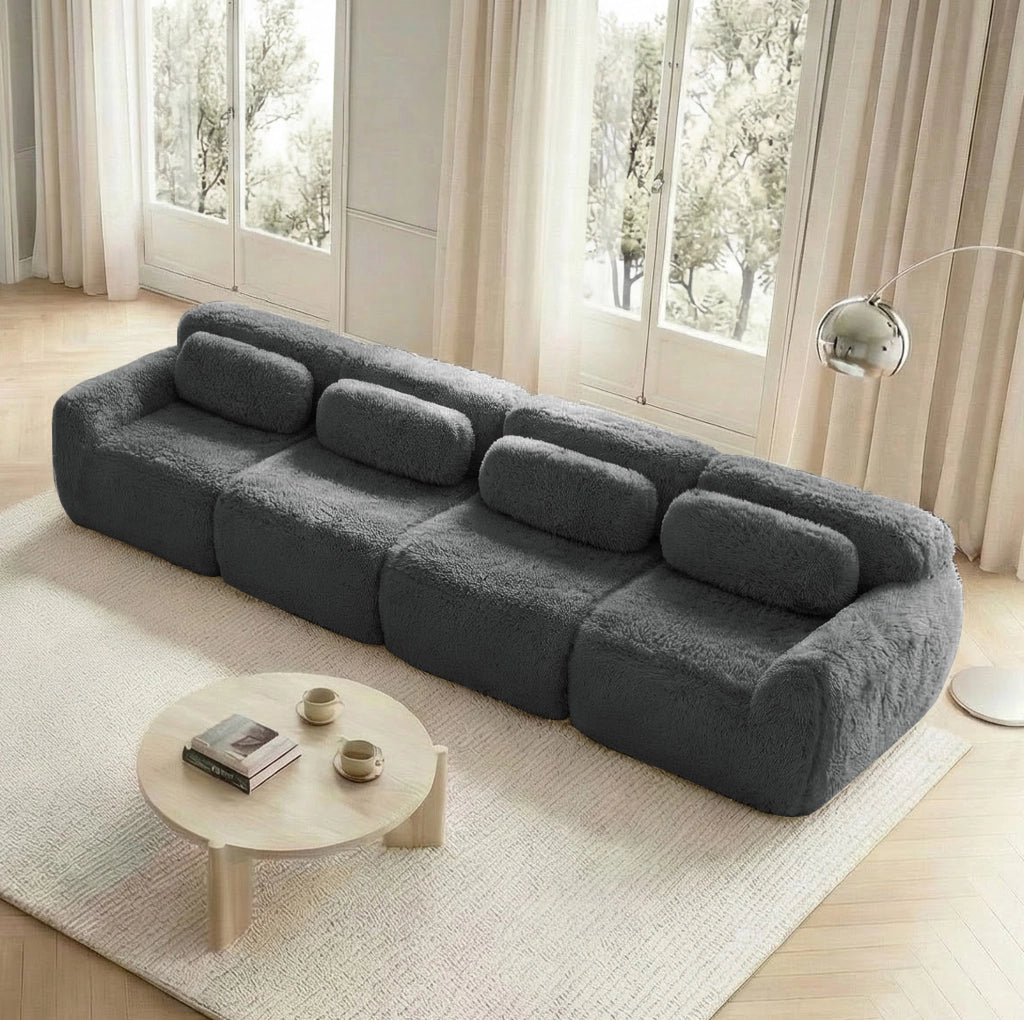 Divano angolare modulare con base antiscivolo in peluche grigio