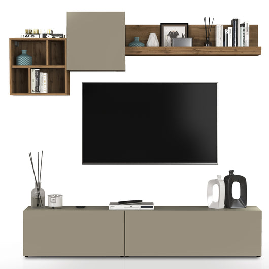 WHOUS Parete Attrezzata CHRONOS per Soggiorno, Mobile Porta TV, 2 Pensili a Cubo e Mensola per Salotto in Legno, 210x40 cm, Tortora Opaco e Rovere