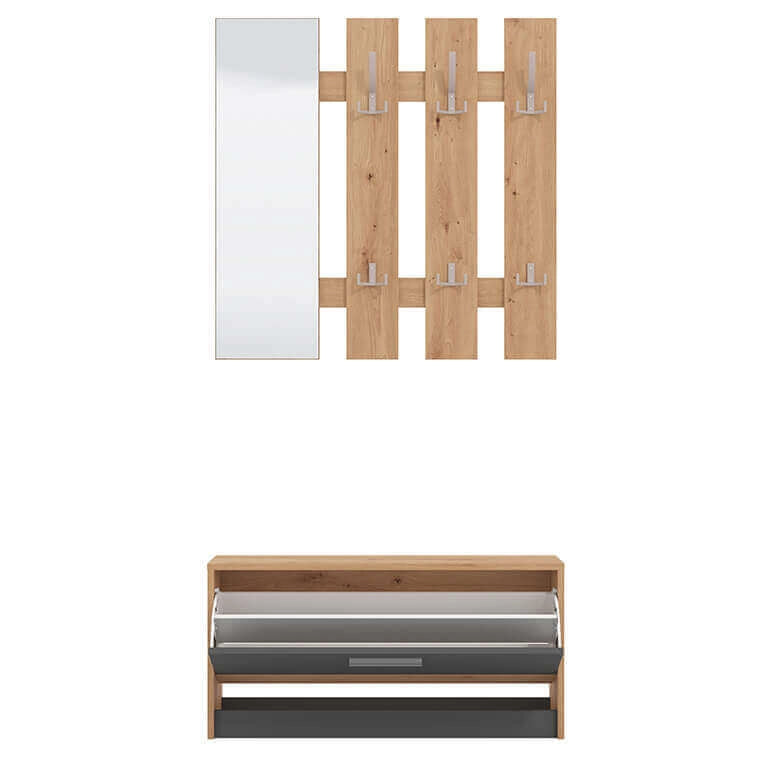 Mobile ingresso appendiabiti moderno con specchio e scarpiera - WOODWAVE