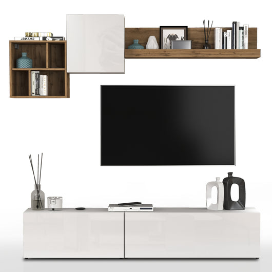 WHOUS Parete Attrezzata CHRONOS per Soggiorno, Mobile Porta TV, 2 Pensili a Cubo e Mensola per Salotto in Legno, 210x40 cm, Bianco Lucido e Rovere