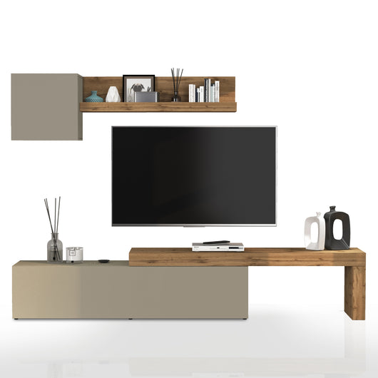 WHOUS Parete Attrezzata CHRONOS per Soggiorno, Mobile Tv Regolabile, Cubo con 1 Anta e Mensola per Salotto in Legno, 190/350x40 cm, Tortora Opaco e Rovere
