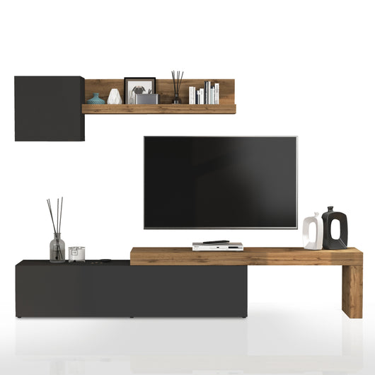 WHOUS Parete Attrezzata CHRONOS per Soggiorno, Mobile Tv Regolabile, Cubo con 1 Anta e Mensola per Salotto in Legno, 190/350x40 cm, Antracite Opaco e Rovere