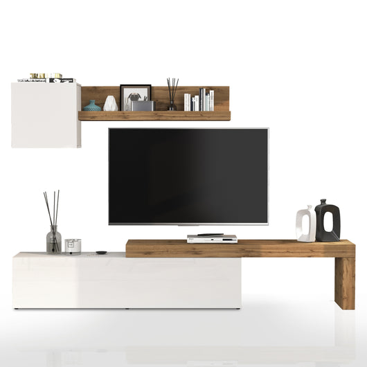 WHOUS Parete Attrezzata CHRONOS per Soggiorno, Mobile Tv Regolabile, Cubo con 1 Anta e Mensola per Salotto in Legno, 190/350x40 cm, Bianco Lucido e Rovere
