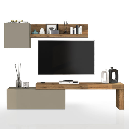 WHOUS Parete Attrezzata CHRONOS per Soggiorno, Mobile Tv Regolabile, Cubo con 1 Anta e Mensola per Salotto in Legno, 180/290x40 cm, Tortora Opaco e Rovere