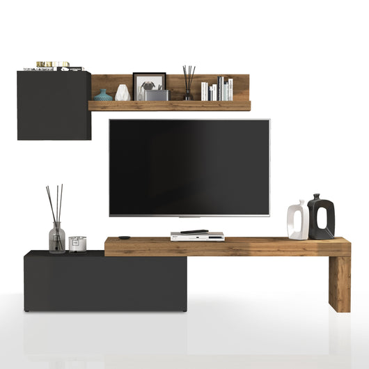 WHOUS Parete Attrezzata CHRONOS per Soggiorno, Mobile Tv Regolabile, Cubo con 1 Anta e Mensola per Salotto in Legno, 180/290x40 cm, Antracite Opaco e Rovere