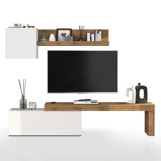 WHOUS Parete Attrezzata CHRONOS per Soggiorno, Mobile Tv Regolabile, Cubo con 1 Anta e Mensola per Salotto in Legno, 180/290x40 cm, Bianco Lucido e Rovere
