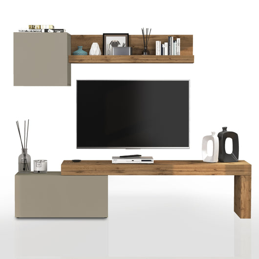 WHOUS Parete Attrezzata CHRONOS per Soggiorno, Mobile Tv Regolabile, Cubo con 1 Anta e Mensola per Salotto in Legno, 180/260x40 cm, Tortora Opaco e Rovere