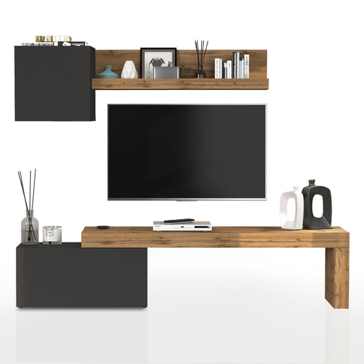 WHOUS Parete Attrezzata CHRONOS per Soggiorno, Mobile Tv Regolabile, Cubo con 1 Anta e Mensola per Salotto in Legno, 180/260x40 cm, Antracite Opaco e Rovere