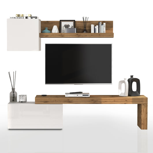 WHOUS Parete Attrezzata CHRONOS per Soggiorno, Mobile Tv Regolabile, Cubo con 1 Anta e Mensola per Salotto in Legno, 180/260x40 cm, Bianco Lucido e Rovere