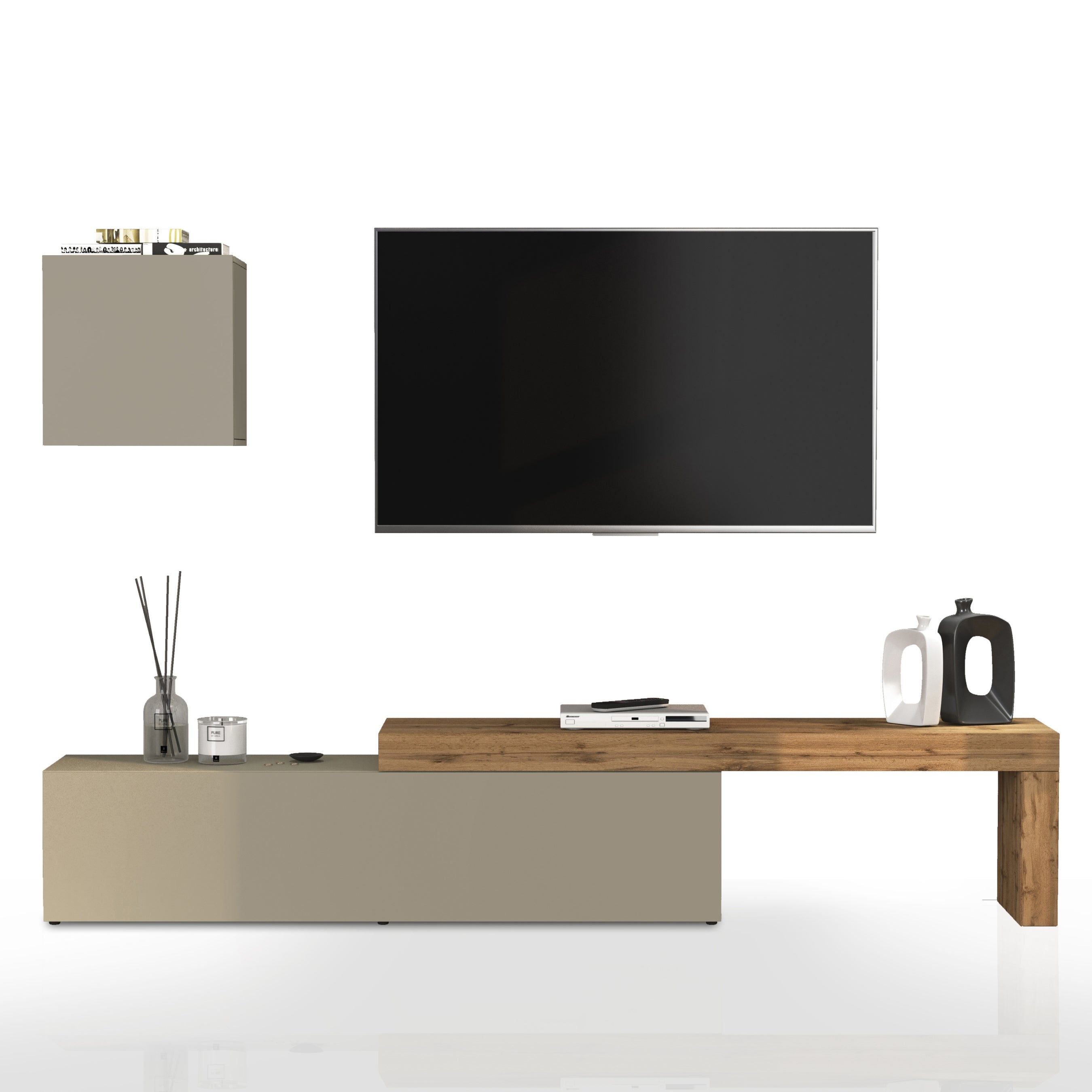 WHOUS Parete Attrezzata CHRONOS per Soggiorno, Mobile Tv Regolabile e Cubo con 1 Anta per Salotto in Legno, 190/350x40 cm, Tortora Opaco e Rovere