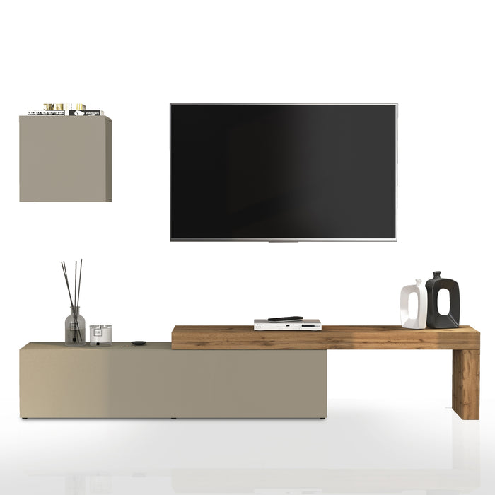 WHOUS Parete Attrezzata CHRONOS per Soggiorno, Mobile Tv Regolabile e Cubo con 1 Anta per Salotto in Legno, 190/350x40 cm, Tortora Opaco e Rovere