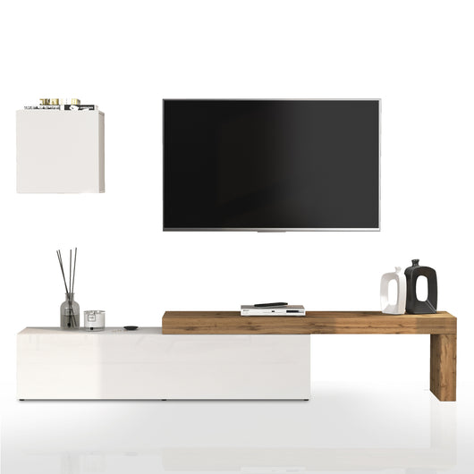 WHOUS Parete Attrezzata CHRONOS per Soggiorno, Mobile Tv Regolabile e Cubo con 1 Anta per Salotto in Legno, 190/350x40 cm, Bianco Lucido e Rovere
