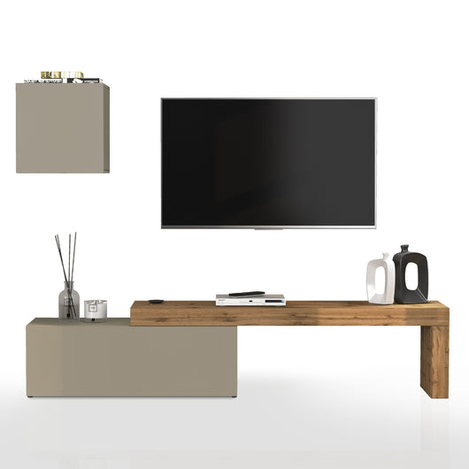 WHOUS Parete Attrezzata CHRONOS per Soggiorno, Mobile Tv Regolabile e Cubo con 1 Anta per Salotto in Legno, 180/290x40 cm, Tortora Opaco e Rovere