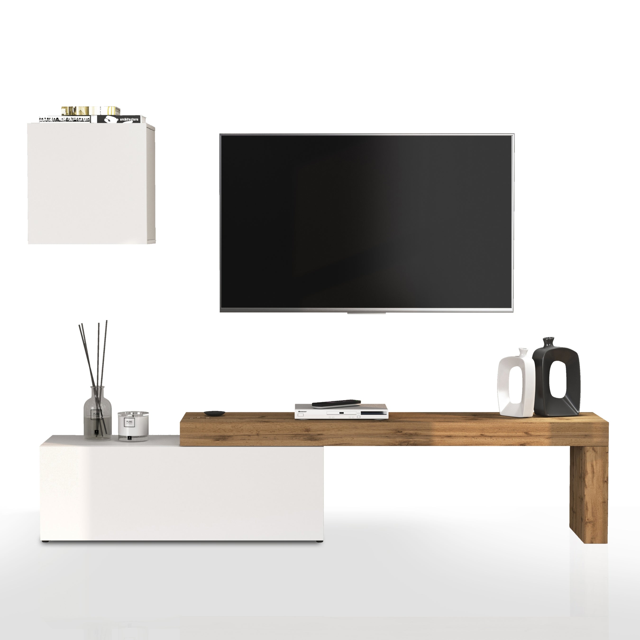 WHOUS Parete Attrezzata CHRONOS per Soggiorno, Mobile Tv Regolabile e Cubo con 1 Anta per Salotto in Legno, 180/290x40 cm, Bianco Lucido e Rovere