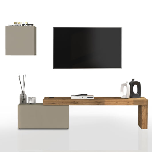 WHOUS Parete Attrezzata CHRONOS per Soggiorno, Mobile Tv Regolabile e Cubo con 1 Anta per Salotto in Legno, 180/260x40 cm, Tortora Opaco e Rovere