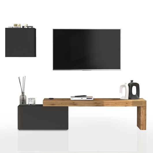 WHOUS Parete Attrezzata CHRONOS per Soggiorno, Mobile Tv Regolabile e Cubo con 1 Anta per Salotto in Legno, 180/260x40 cm, Antracite Opaco e Rovere