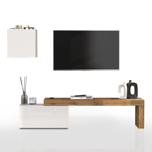 WHOUS Parete Attrezzata CHRONOS per Soggiorno, Mobile Tv Regolabile e Cubo con 1 Anta per Salotto in Legno, 180/260x40 cm, Bianco Lucido e Rovere