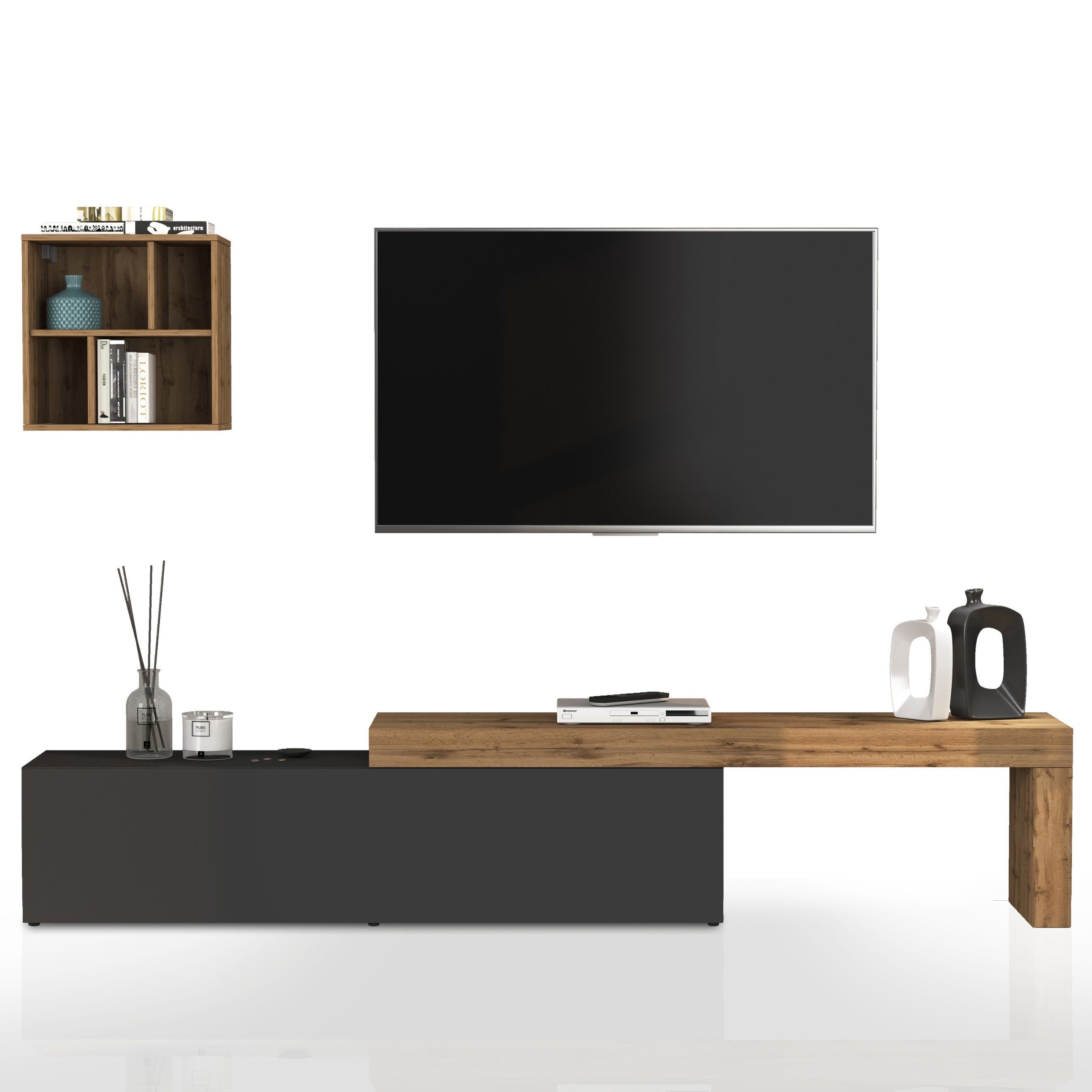 WHOUS Parete Attrezzata CHRONOS per Soggiorno, Mobile Tv Regolabile e Pensile a Giorno per Salotto in Legno, 190/350x40 cm, Antracite Opaco e Rovere