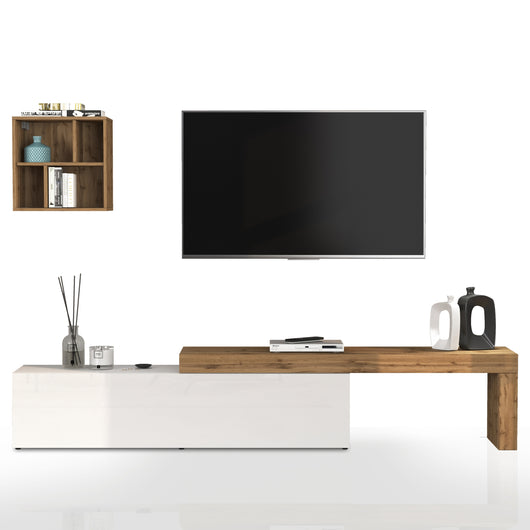 WHOUS Parete Attrezzata CHRONOS per Soggiorno, Mobile Tv Regolabile e Pensile a Giorno per Salotto in Legno, 190/350x40 cm, Bianco Lucido e Rovere