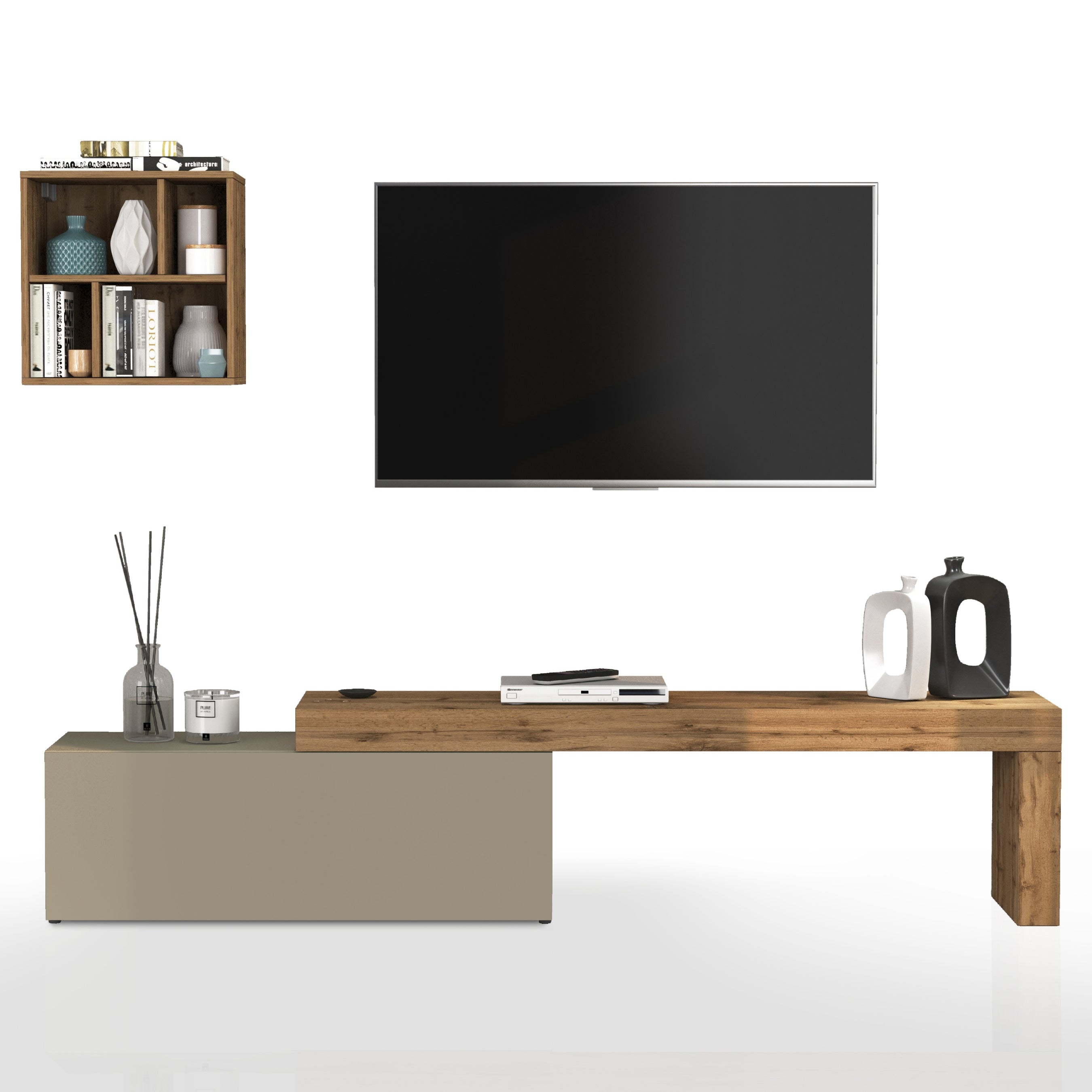 WHOUS Parete Attrezzata CHRONOS per Soggiorno, Mobile Tv Regolabile e Pensile a Giorno per Salotto in Legno, 180/290x40 cm, Tortora Opaco e Rovere